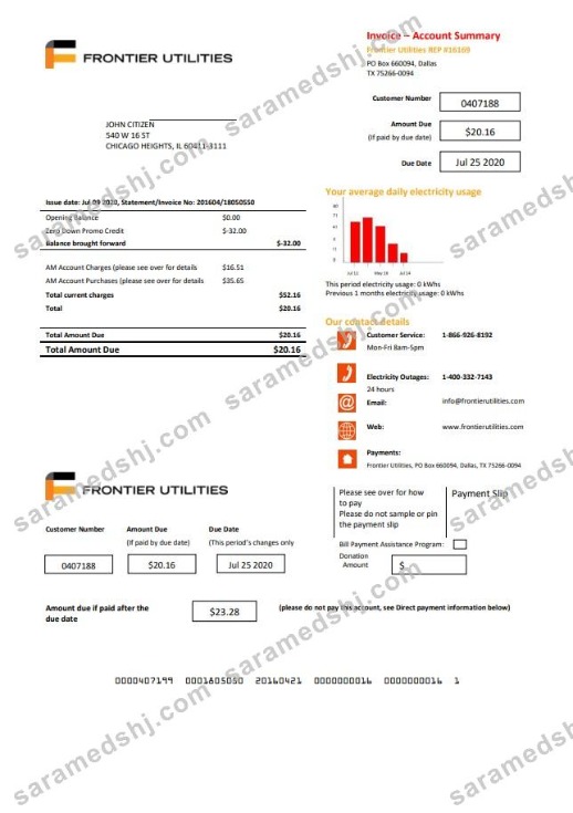 USA Texas Frontier Utilities utility bill template in Word and PDF format